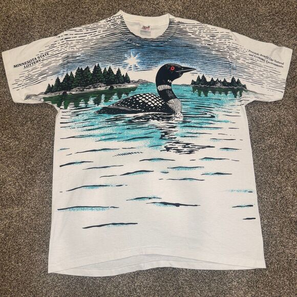 Vintage 90s Minnesota State Lottery Loon All Over Print Anvil T-Shirt Men’s XL - Picture 2 of 8